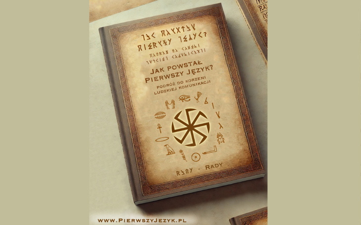 Książka o powstaniu języka z symbolami na okładce.