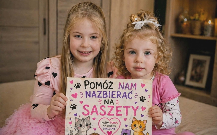 Dwie dziewczynki trzymające plakat z prośbą o pomoc.