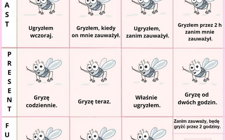 Ilustracja z pszczołami, przedstawiająca różne czasy gryzienia.