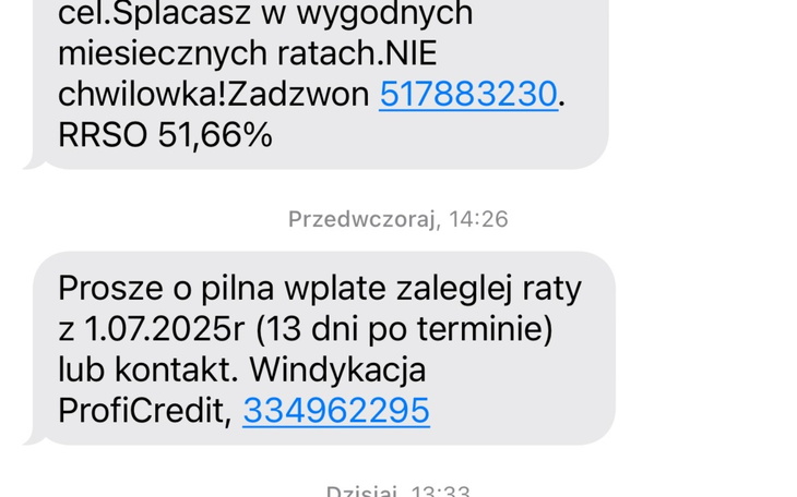 Wiadomość tekstowa, przypominająca o płatnościach.