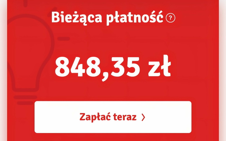 Ekran z informacją o bieżącej płatności w wysokości 848,35 zł.
