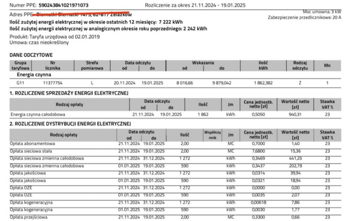 Dokument rozliczeniowy za energię elektryczną.