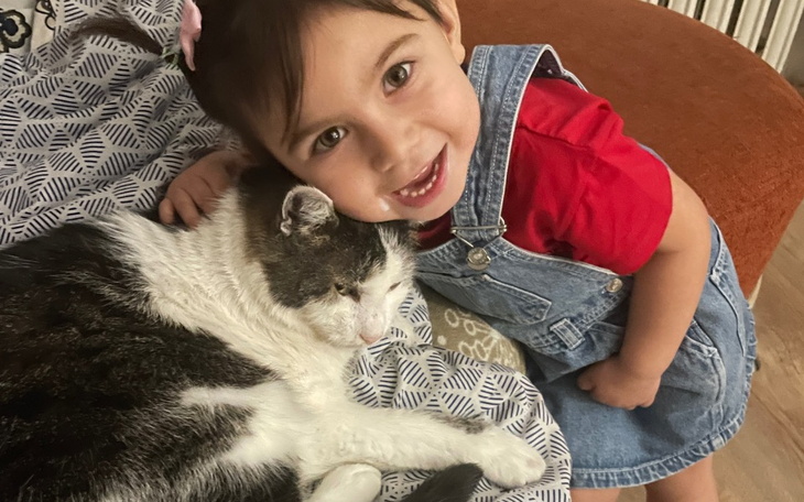 Dziecko przytulające kota na kanapie.