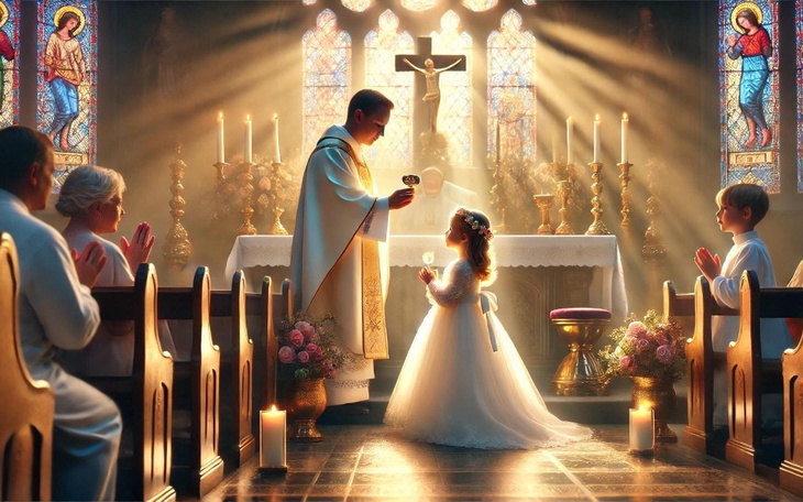 Dzieci uczestniczące w ceremonii religijnej w kościele.