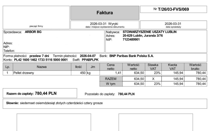 Faktura z informacjami o zakupie drewna.