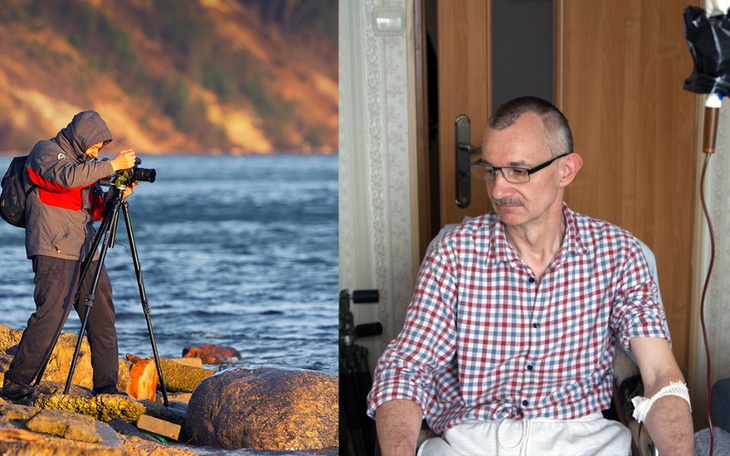 Fotograf robiący zdjęcia nad wodą, obok mężczyzna w koszuli.