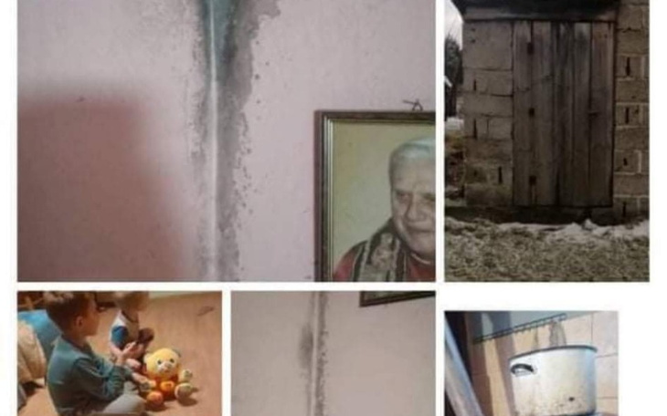 Zniszczone wnętrze z pleśnią i starym zdjęciem, pokazujące potrzebę remontu.