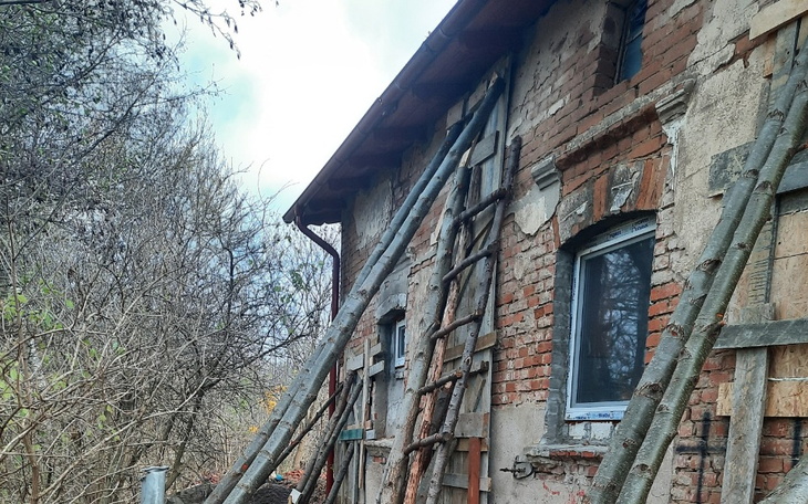 Zniszczony budynek z drabiną opartą o ścianę, otoczony drzewami.