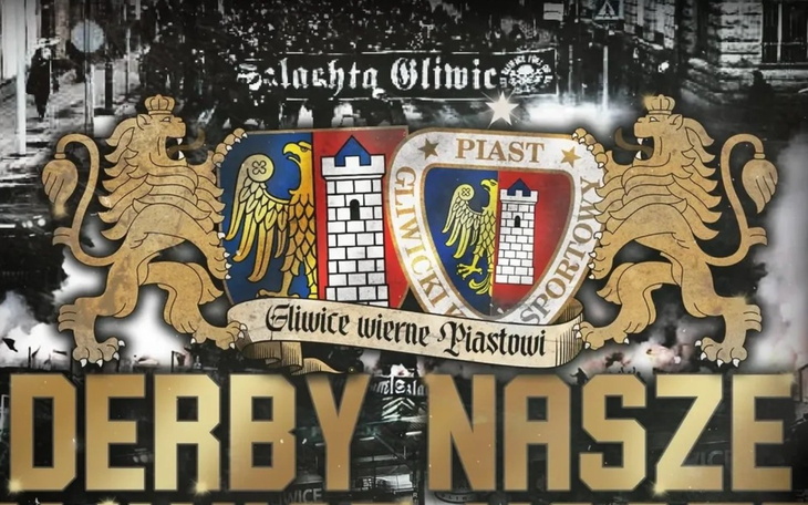 Herb Piasta Gliwice z napisem 'Derby Nasze'.
