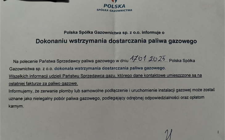 Dokument informujący o wstrzymaniu dostarczania gazu.