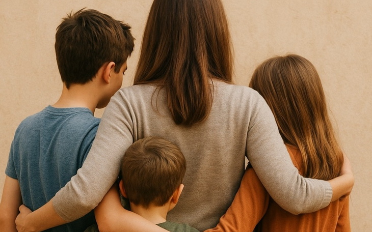 Rodzina z dziećmi, stojąca tyłem do obiektywu.