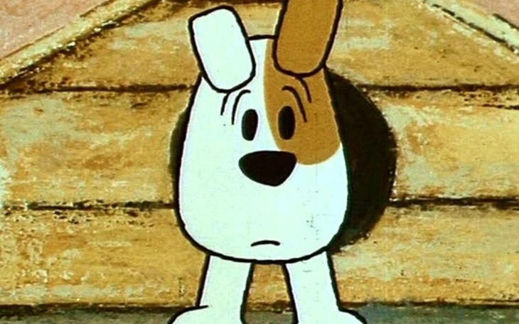 Animowany piesek z charakterystycznymi uszami, wyglądający na zmartwionego.