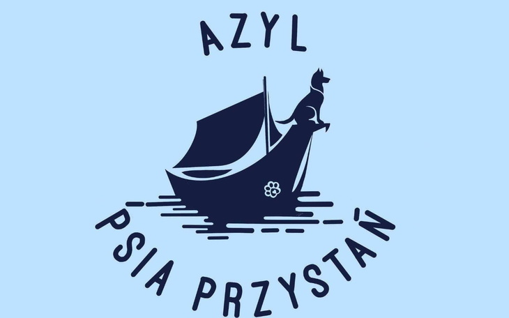 Logo schroniska dla psów z wizerunkiem psa na łodzi.