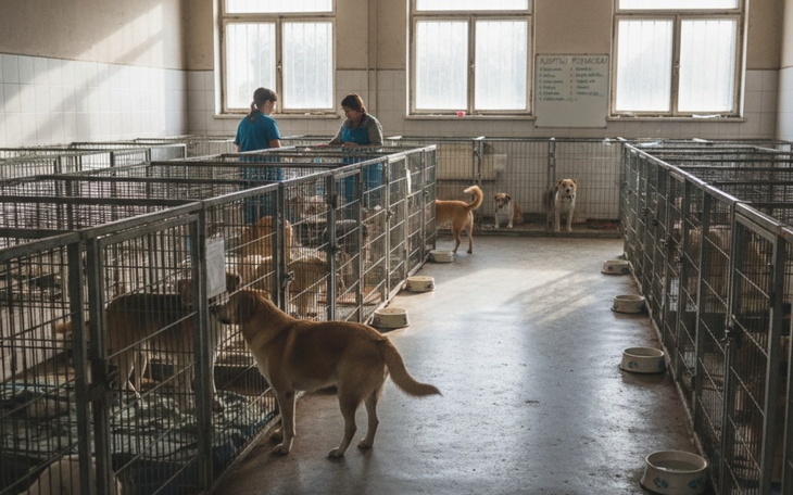 Widok na schronisko dla psów, z pracownikami w środku.