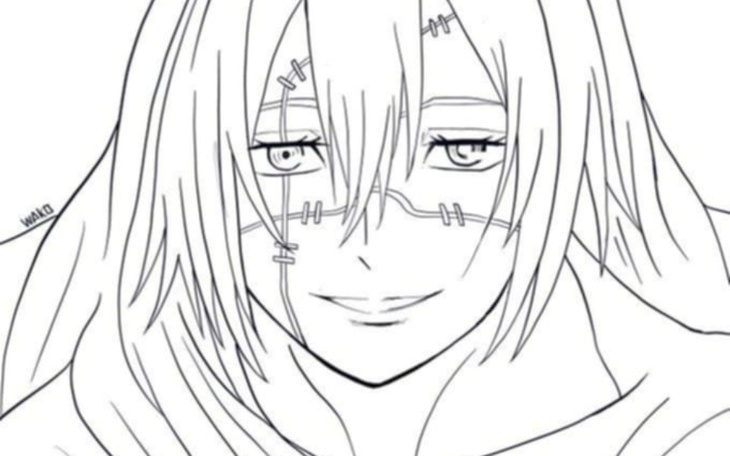 Rysunek postaci z długimi włosami i okularami, uśmiechającej się.