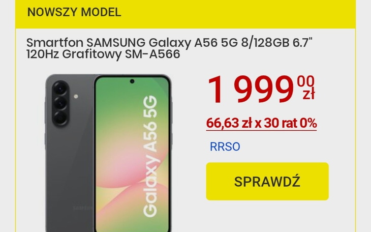 Smartfon Samsung Galaxy A56 5G w kolorze grafitowym.