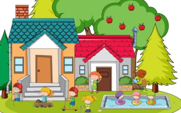 Ilustracja dzieci bawiących się w ogrodzie.