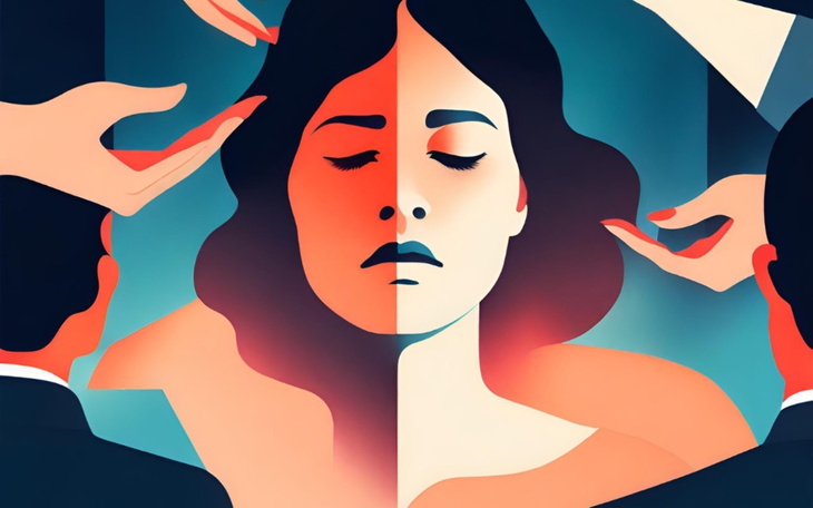 Ilustracja przedstawiająca kobietę w stylu graficznym, z dłońmi wokół jej twarzy.