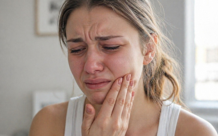 Kobieta z wyrazem smutku na twarzy, trzymająca się za policzek.