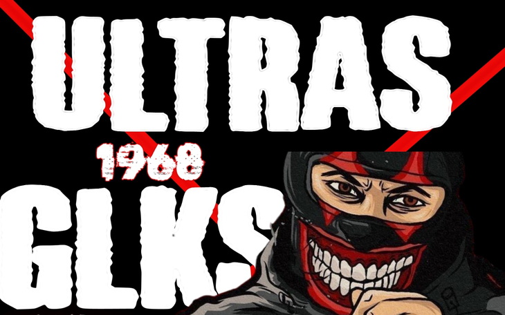Grafika z napisem 'ULTRAS 1968 GLKS', przedstawiająca fanów sportowych.