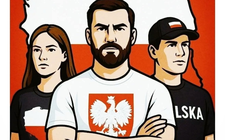 Grafika przedstawiająca młodych ludzi z symbolem Polski w tle.