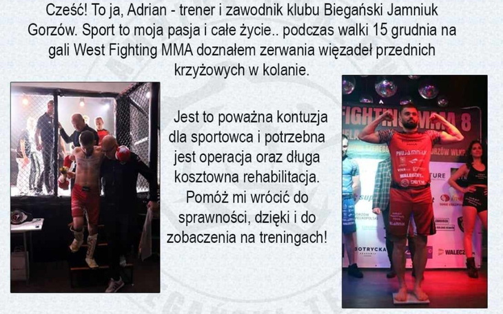 Osoba na gali MMA, z kontuzją kolana, potrzebująca wsparcia.