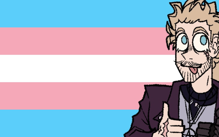 Rysunek postaci z tęczową flagą trans.