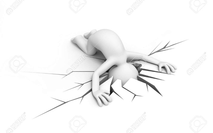 Postać rysunkowa leżąca na ziemi, w otoczeniu pęknięć.