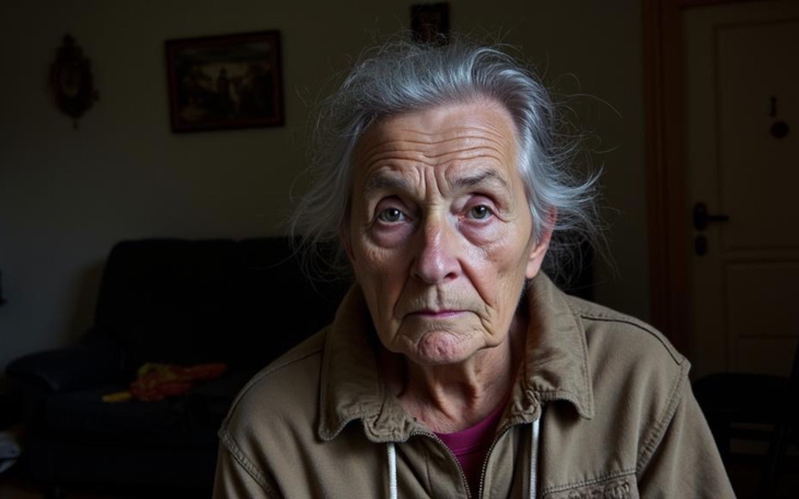 Starsza kobieta z wyrazem smutku na twarzy, siedząca w pokoju.