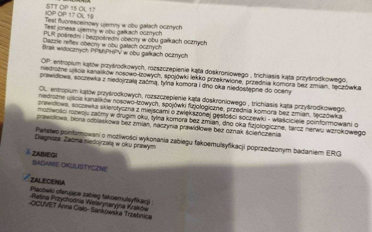 Dokument medyczny dotyczący badań okulistycznych.