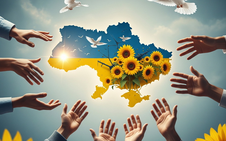 Ręce sięgające po słoneczniki, symbolizujące wsparcie dla Ukrainy.