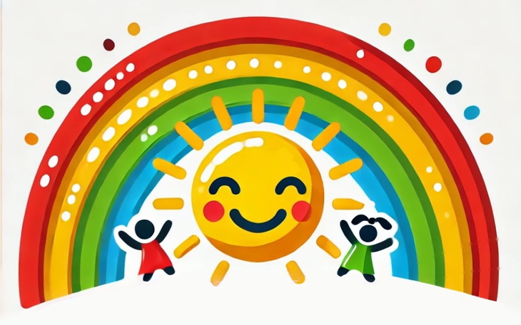 Kolorowa ilustracja tęczy z uśmiechniętym słońcem i postaciami dzieci.
