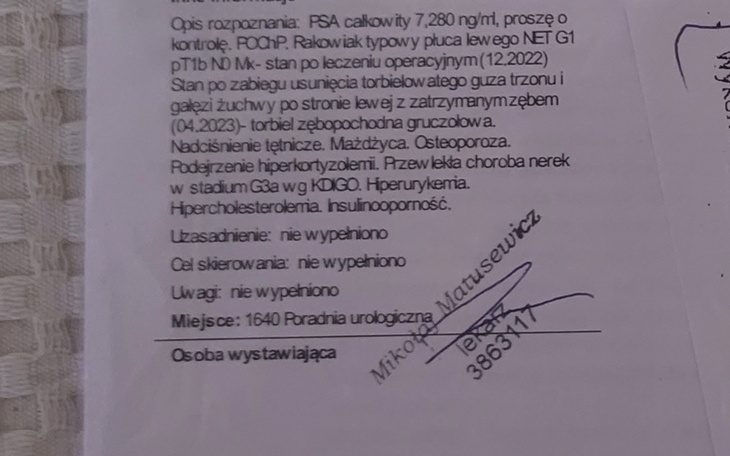 Dokument medyczny z informacjami o stanie zdrowia pacjenta.