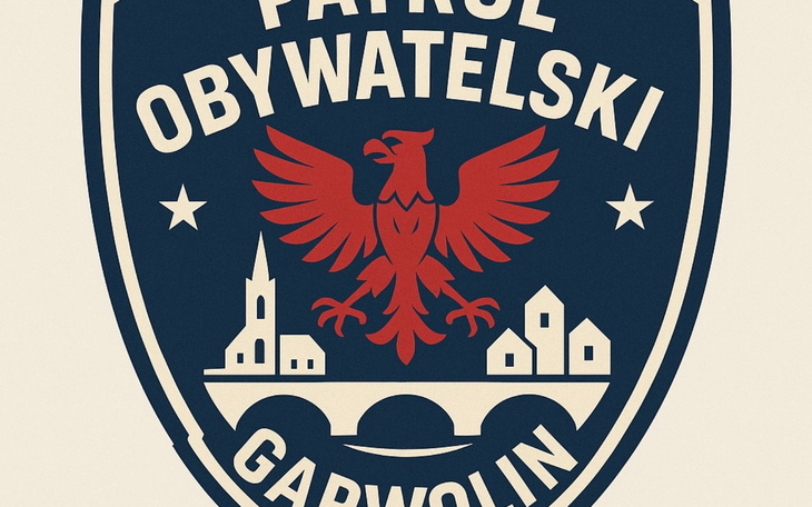 Herb Patrolu Obywatelskiego z or艂em i miastem.