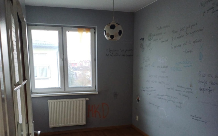 Pusty pokój z szaro-niebieskimi ścianami i piłką na suficie.