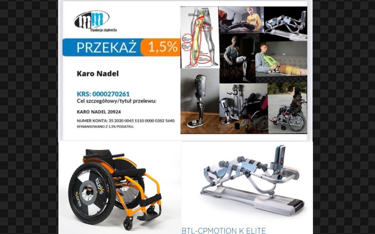 Plakat z informacjami o darowiznach i sprzęcie rehabilitacyjnym.