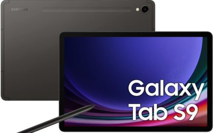 Tablet Samsung Galaxy Tab S9 z rysikiem na tle.