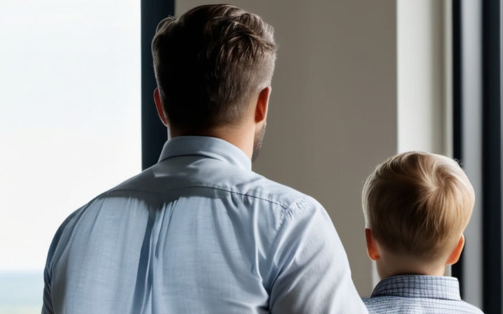 Ojciec z synem patrzący przez okno, chwila refleksji.