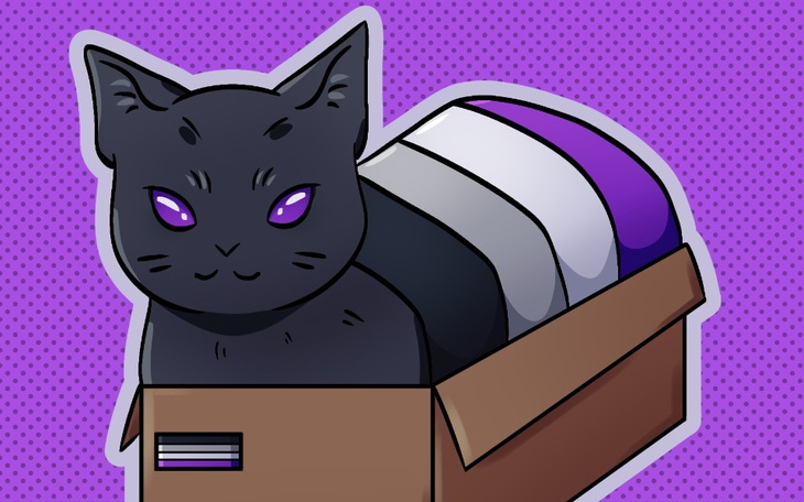 Rysunkowy czarny kot w pudełku na fioletowym tle.