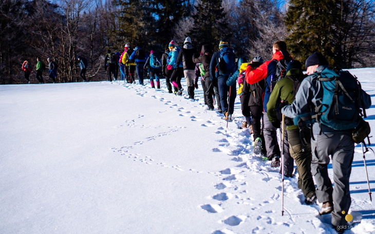 Grupa turystów wędrujących po zaśnieżonym terenie.