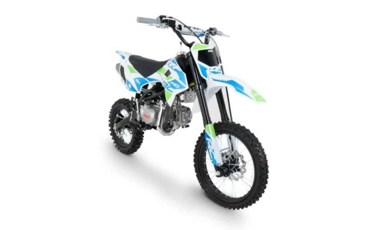 Motocykl terenowy w kolorze niebiesko-zielonym.