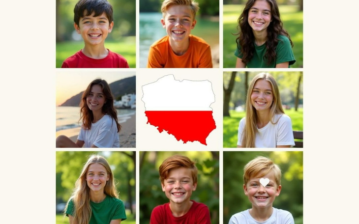 Grupa uśmiechniętych dzieci na tle mapy Polski.