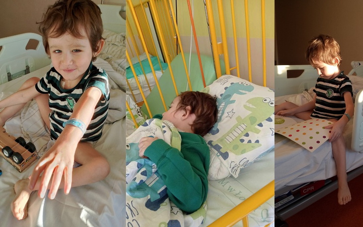 Chłopiec w szpitalu, bawiący się i odpoczywający.