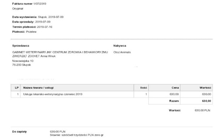 Faktura za usługi weterynaryjne, z datą i szczegółami.