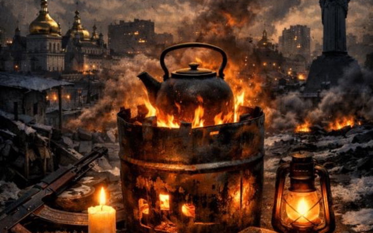 Zniszczony krajobraz z gotującym się czajnikiem.