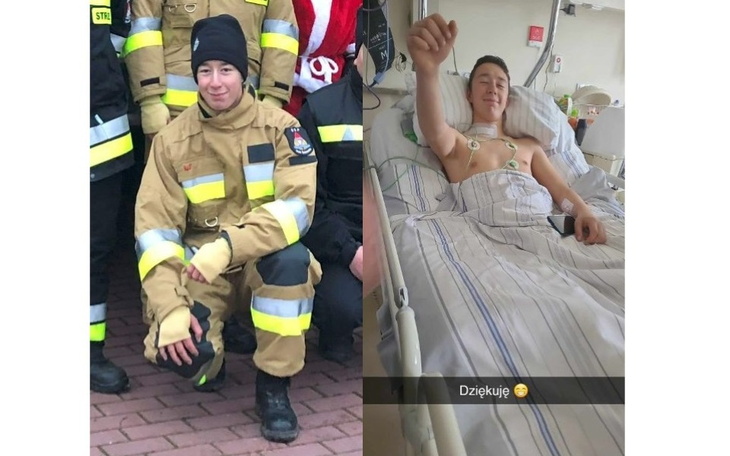 Młody strażak w mundurze, uśmiechający się do kamery.