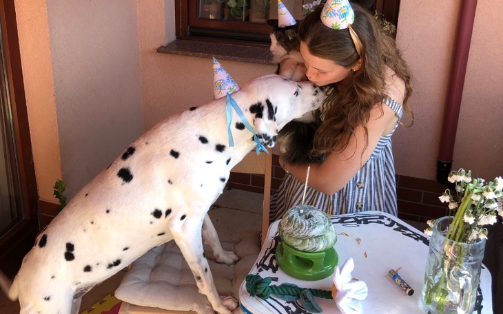 Pies i kot w radosnej chwili, świętują urodziny z właścicielką.