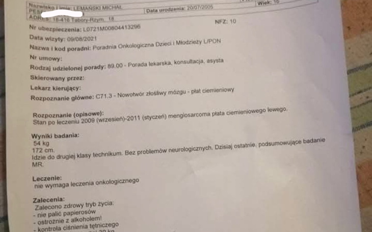 Skierowanie na badania onkologiczne dla pacjenta.