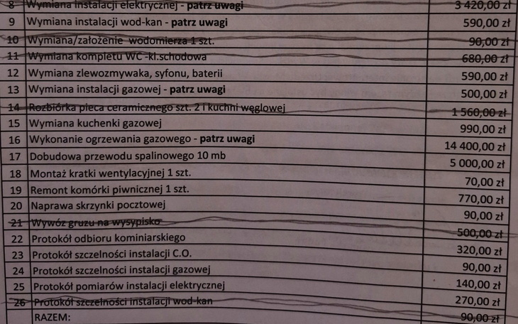 Dokument z listą prac do wykonania, z cenami i szczegółami.