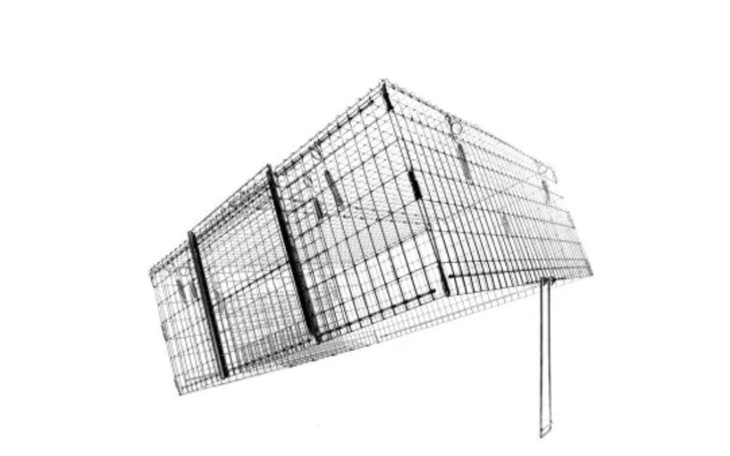 Szkic metalowej klatki, ukazujący jej konstrukcję i detale.